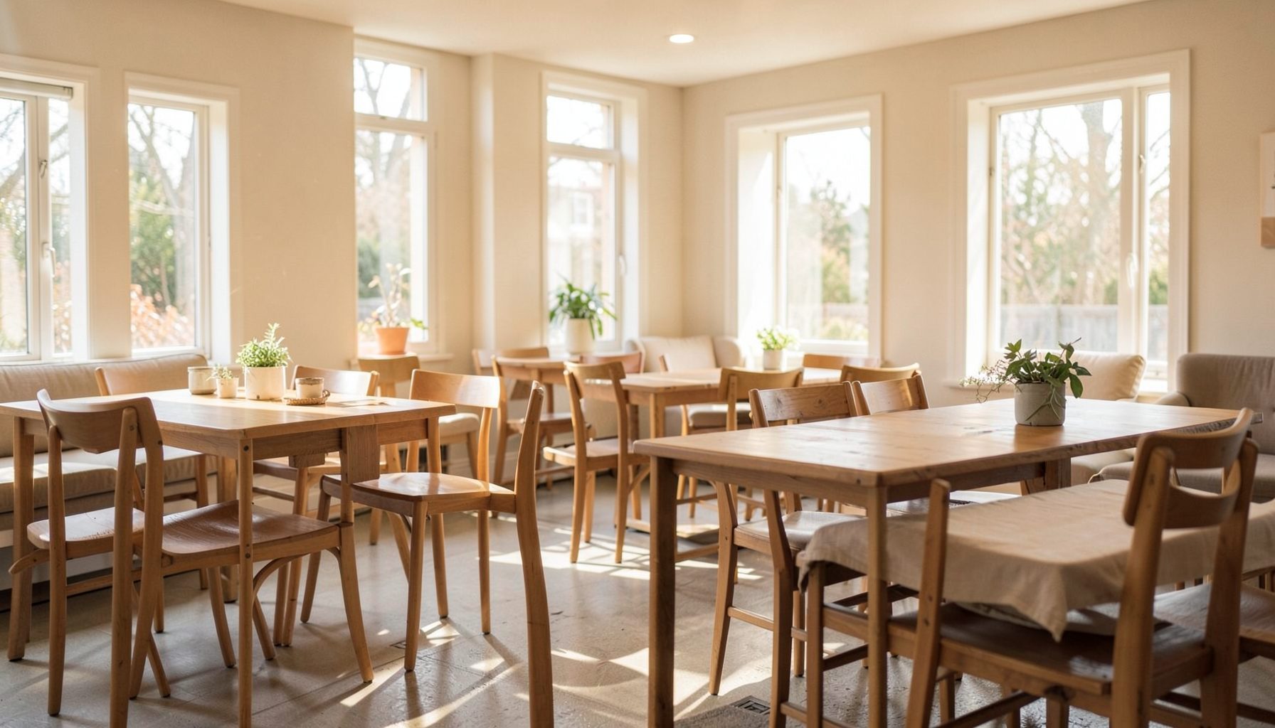 A warm, softly lit community gathering space with wooden tables and chairs, neutral beige and cream tones, sunlight streaming through windows