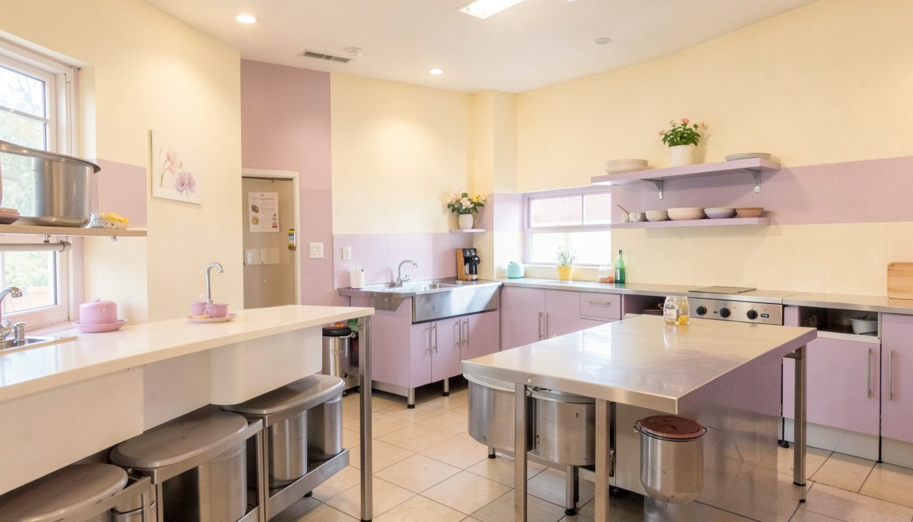 A softly lit community kitchen interior with warm cream walls and gentle lavender accents, clean and welcoming