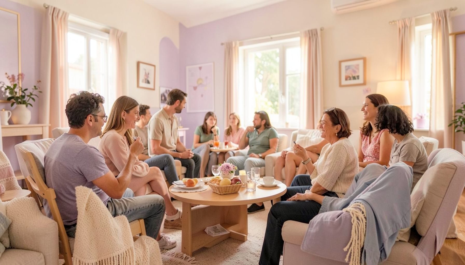 A warm, softly lit community gathering space with gentle lavender and cream tones, conveying comfort and welcome